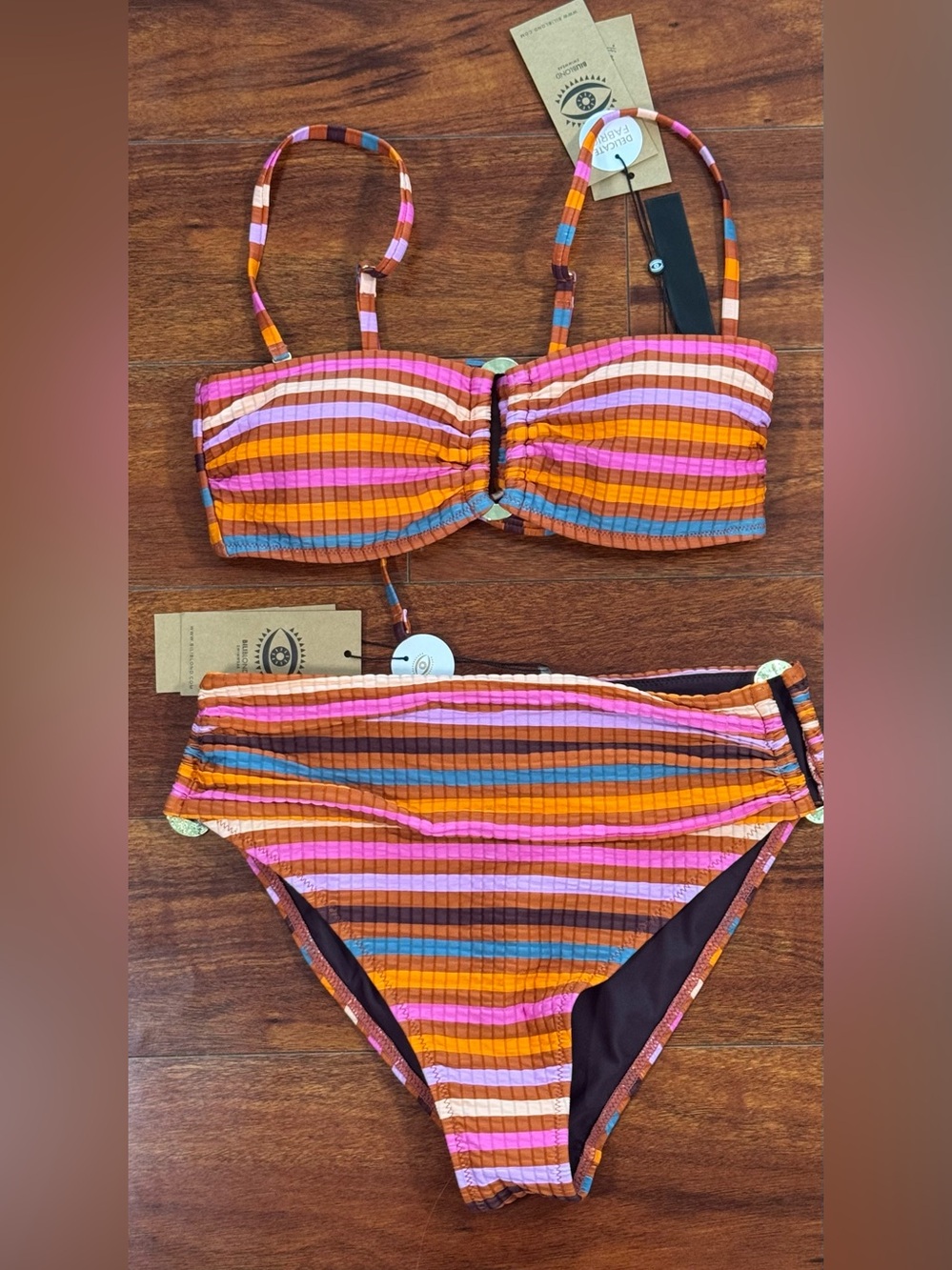 Striped Bandeau Bikini Set in Pink, Orange & Brown